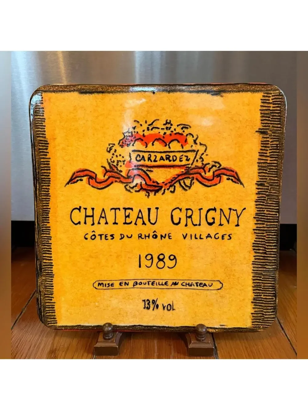 Williams Sonoma Square cheese platter with a wine label design